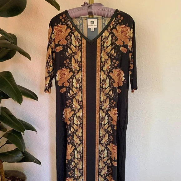 Vicky & Lucas V-Neck Loose Fit Maxi Dress Asymmetrical Sheer Hemline Pockets - Picture 1 of 14